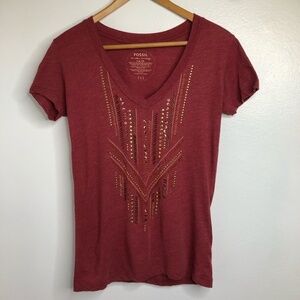 Fossil Vintage Embellished‎ Detailed V Neck T Shirt Women's Size Small